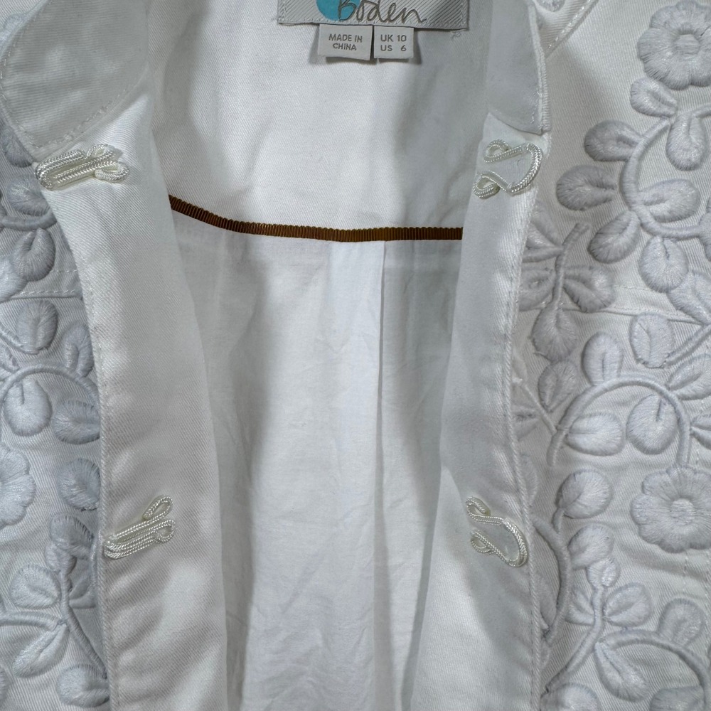 Boden Embroidered Jacket Womens 6 White Floral‎ Cotton Blend Hook Eye T0160 - Picture 5 of 13